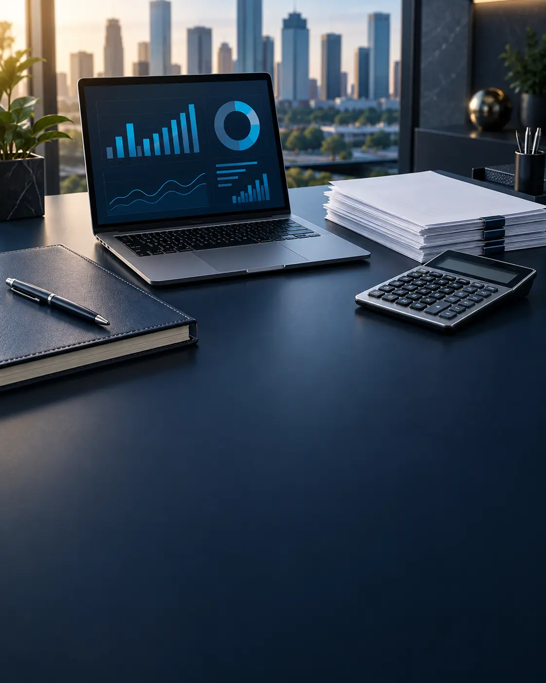 Espacio de trabajo con tablero contable, calculadora y documentos de nómina