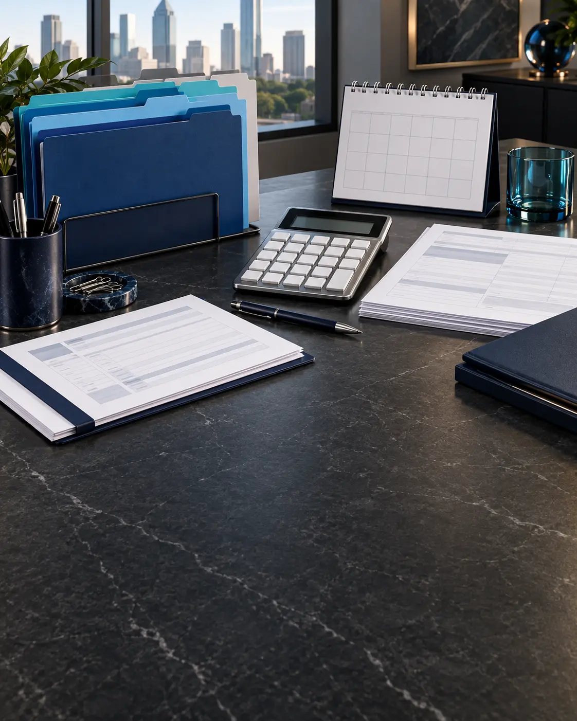 Documentos fiscales organizados con calculadora y calendario